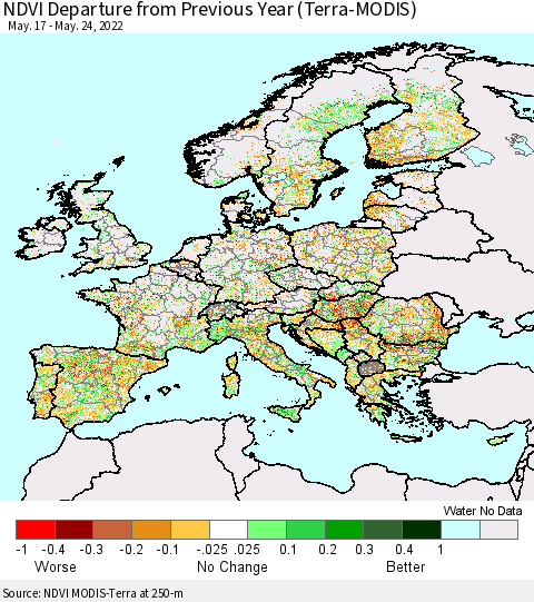 Europe NDVI Departure from Previous Year (Terra-MODIS) Thematic Map For 5/17/2022 - 5/24/2022