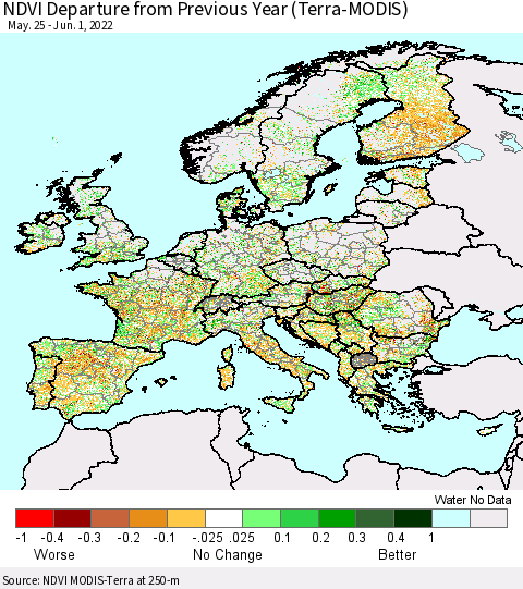 Europe NDVI Departure from Previous Year (Terra-MODIS) Thematic Map For 5/25/2022 - 6/1/2022