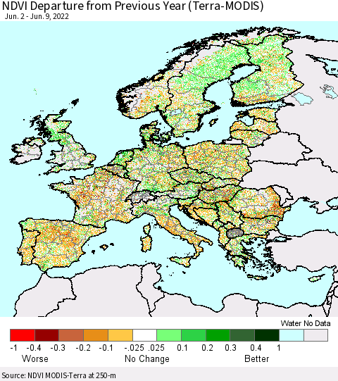 Europe NDVI Departure from Previous Year (Terra-MODIS) Thematic Map For 6/2/2022 - 6/9/2022