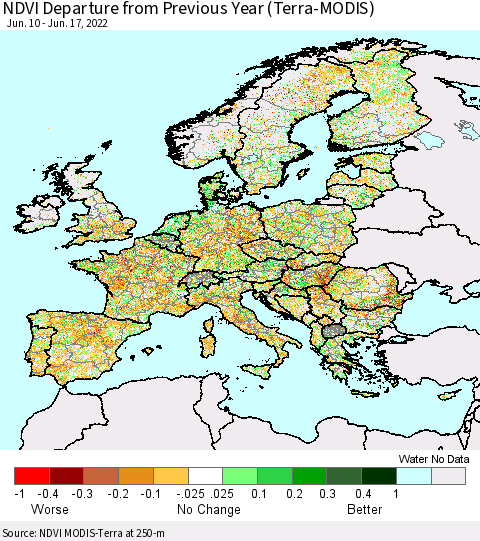 Europe NDVI Departure from Previous Year (Terra-MODIS) Thematic Map For 6/10/2022 - 6/17/2022