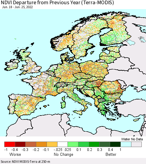 Europe NDVI Departure from Previous Year (Terra-MODIS) Thematic Map For 6/18/2022 - 6/25/2022