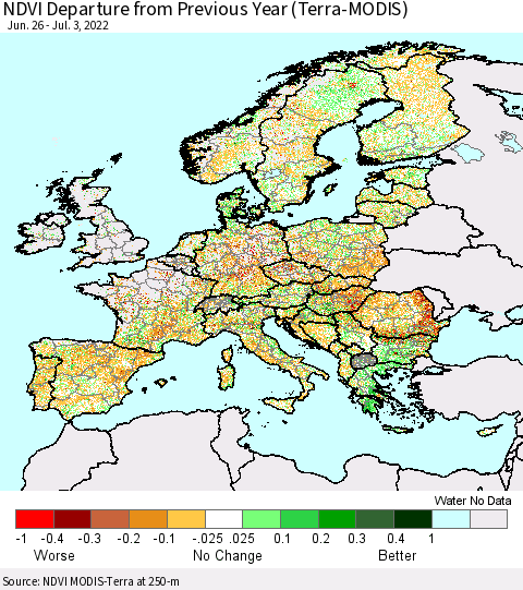 Europe NDVI Departure from Previous Year (Terra-MODIS) Thematic Map For 6/26/2022 - 7/3/2022