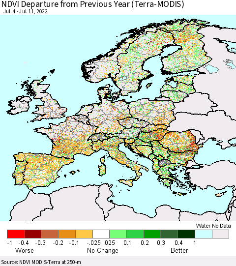 Europe NDVI Departure from Previous Year (Terra-MODIS) Thematic Map For 7/4/2022 - 7/11/2022