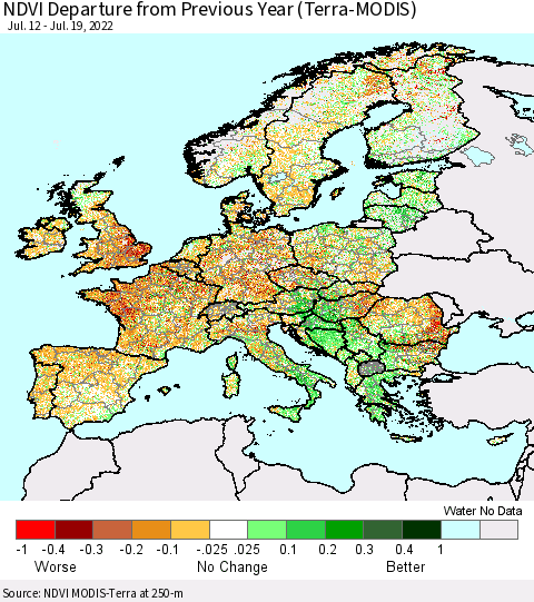 Europe NDVI Departure from Previous Year (Terra-MODIS) Thematic Map For 7/12/2022 - 7/19/2022