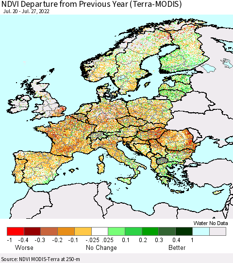Europe NDVI Departure from Previous Year (Terra-MODIS) Thematic Map For 7/20/2022 - 7/27/2022
