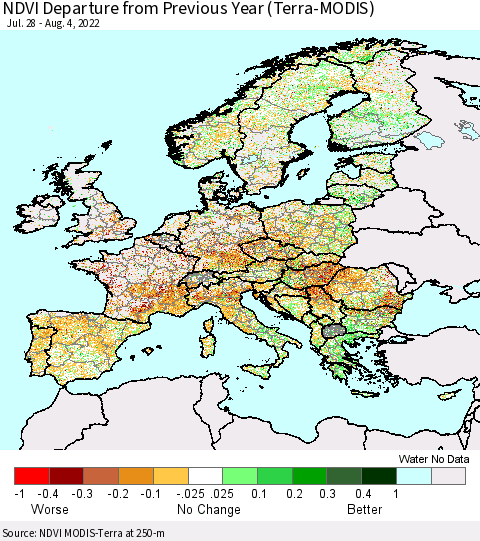 Europe NDVI Departure from Previous Year (Terra-MODIS) Thematic Map For 7/28/2022 - 8/4/2022