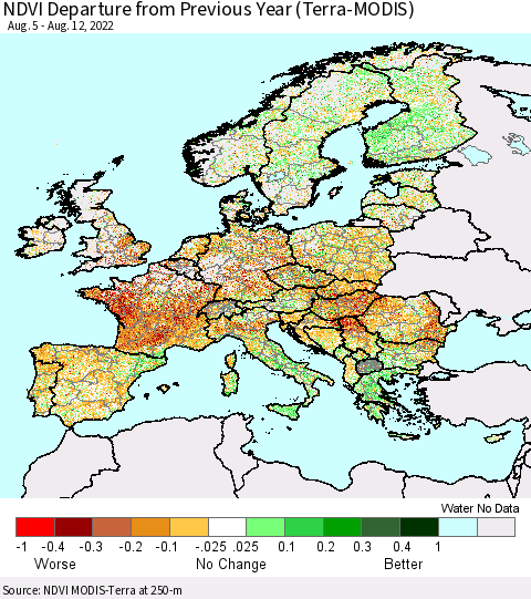 Europe NDVI Departure from Previous Year (Terra-MODIS) Thematic Map For 8/5/2022 - 8/12/2022