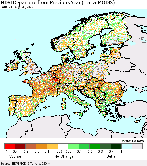 Europe NDVI Departure from Previous Year (Terra-MODIS) Thematic Map For 8/21/2022 - 8/28/2022