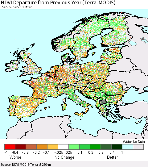 Europe NDVI Departure from Previous Year (Terra-MODIS) Thematic Map For 9/6/2022 - 9/13/2022