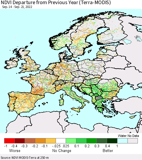 Europe NDVI Departure from Previous Year (Terra-MODIS) Thematic Map For 9/14/2022 - 9/21/2022