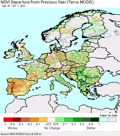 Europe NDVI Departure from Previous Year (Terra-MODIS) Thematic Map For 9/30/2022 - 10/7/2022