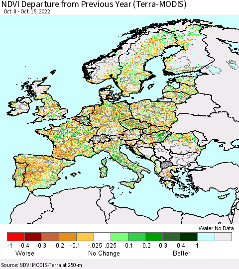 Europe NDVI Departure from Previous Year (Terra-MODIS) Thematic Map For 10/8/2022 - 10/15/2022