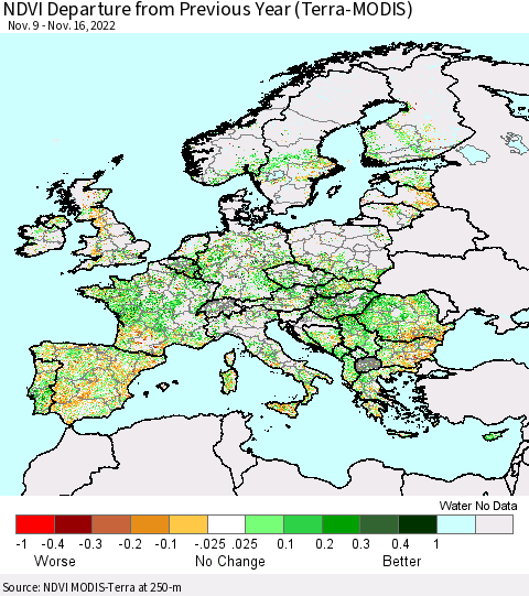 Europe NDVI Departure from Previous Year (Terra-MODIS) Thematic Map For 11/9/2022 - 11/16/2022