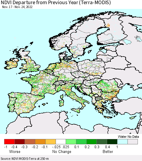 Europe NDVI Departure from Previous Year (Terra-MODIS) Thematic Map For 11/17/2022 - 11/24/2022