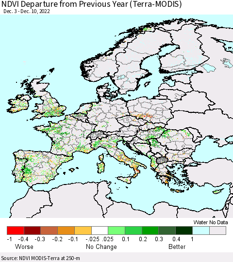 Europe NDVI Departure from Previous Year (Terra-MODIS) Thematic Map For 12/3/2022 - 12/10/2022