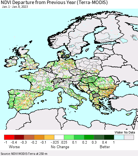 Europe NDVI Departure from Previous Year (Terra-MODIS) Thematic Map For 1/1/2023 - 1/8/2023