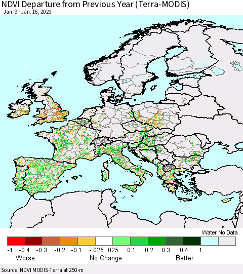 Europe NDVI Departure from Previous Year (Terra-MODIS) Thematic Map For 1/9/2023 - 1/16/2023