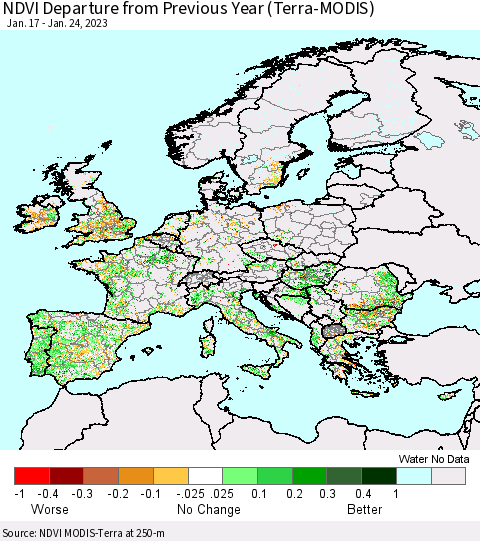 Europe NDVI Departure from Previous Year (Terra-MODIS) Thematic Map For 1/17/2023 - 1/24/2023