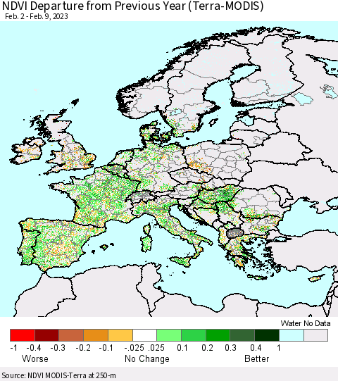 Europe NDVI Departure from Previous Year (Terra-MODIS) Thematic Map For 2/2/2023 - 2/9/2023
