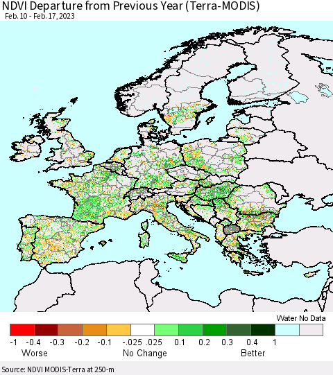 Europe NDVI Departure from Previous Year (Terra-MODIS) Thematic Map For 2/10/2023 - 2/17/2023
