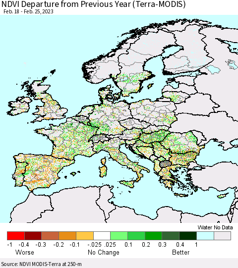 Europe NDVI Departure from Previous Year (Terra-MODIS) Thematic Map For 2/18/2023 - 2/25/2023