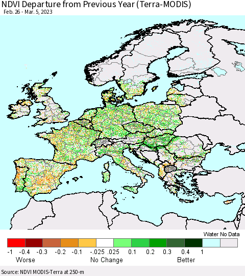 Europe NDVI Departure from Previous Year (Terra-MODIS) Thematic Map For 2/26/2023 - 3/5/2023