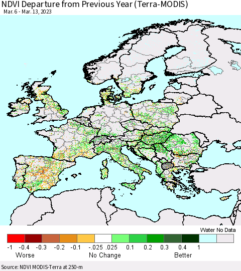 Europe NDVI Departure from Previous Year (Terra-MODIS) Thematic Map For 3/6/2023 - 3/13/2023