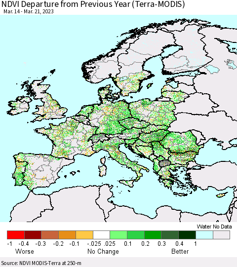 Europe NDVI Departure from Previous Year (Terra-MODIS) Thematic Map For 3/14/2023 - 3/21/2023