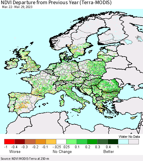 Europe NDVI Departure from Previous Year (Terra-MODIS) Thematic Map For 3/22/2023 - 3/29/2023