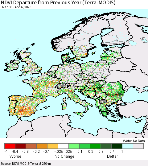 Europe NDVI Departure from Previous Year (Terra-MODIS) Thematic Map For 3/30/2023 - 4/6/2023