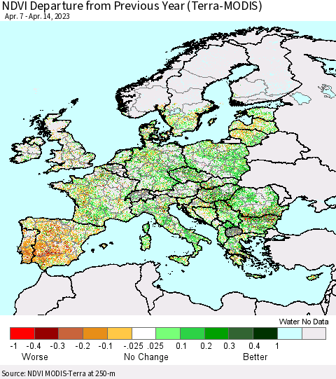 Europe NDVI Departure from Previous Year (Terra-MODIS) Thematic Map For 4/7/2023 - 4/14/2023