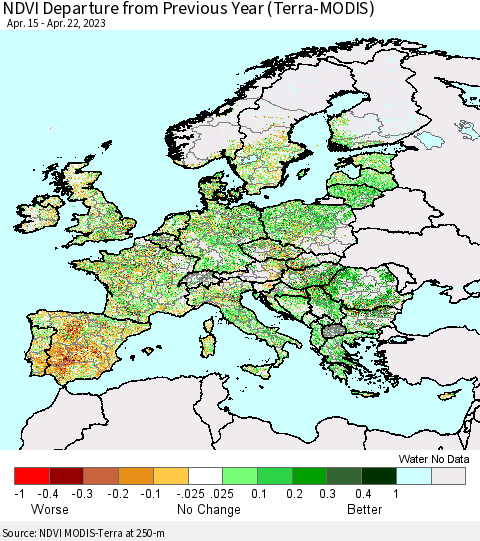 Europe NDVI Departure from Previous Year (Terra-MODIS) Thematic Map For 4/15/2023 - 4/22/2023