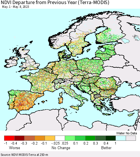 Europe NDVI Departure from Previous Year (Terra-MODIS) Thematic Map For 5/1/2023 - 5/8/2023