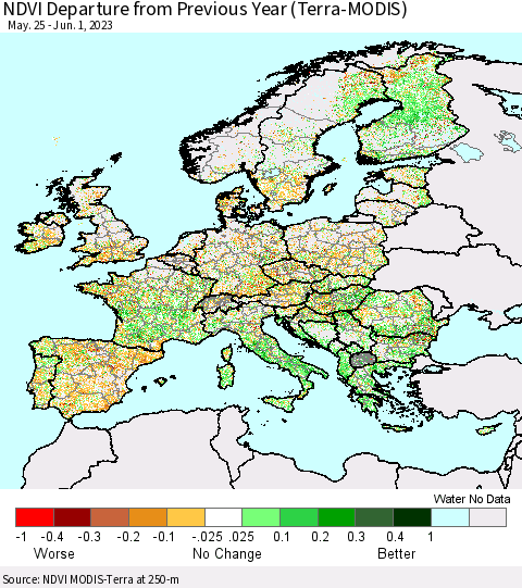 Europe NDVI Departure from Previous Year (Terra-MODIS) Thematic Map For 5/25/2023 - 6/1/2023