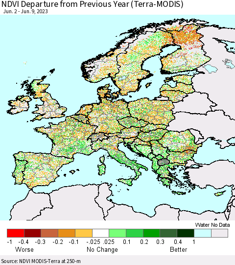 Europe NDVI Departure from Previous Year (Terra-MODIS) Thematic Map For 6/2/2023 - 6/9/2023