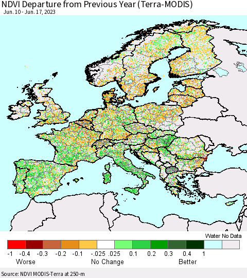 Europe NDVI Departure from Previous Year (Terra-MODIS) Thematic Map For 6/10/2023 - 6/17/2023