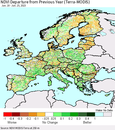 Europe NDVI Departure from Previous Year (Terra-MODIS) Thematic Map For 6/18/2023 - 6/25/2023