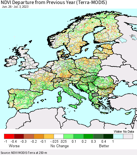 Europe NDVI Departure from Previous Year (Terra-MODIS) Thematic Map For 6/26/2023 - 7/3/2023