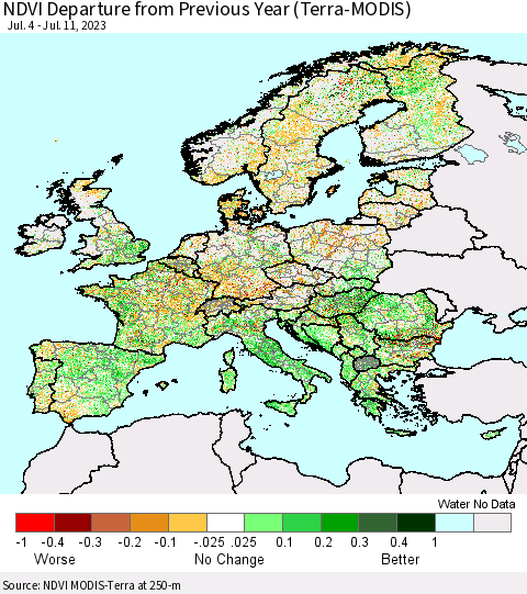 Europe NDVI Departure from Previous Year (Terra-MODIS) Thematic Map For 7/4/2023 - 7/11/2023