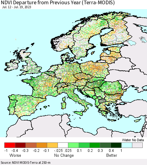 Europe NDVI Departure from Previous Year (Terra-MODIS) Thematic Map For 7/12/2023 - 7/19/2023