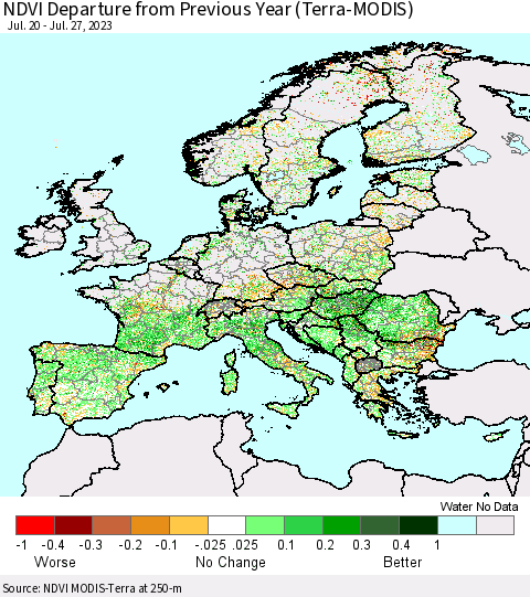 Europe NDVI Departure from Previous Year (Terra-MODIS) Thematic Map For 7/20/2023 - 7/27/2023