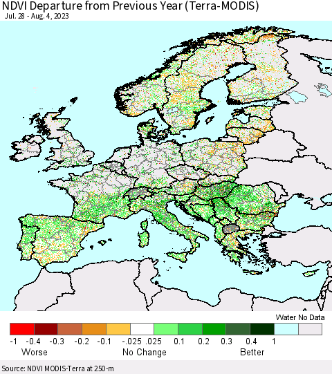 Europe NDVI Departure from Previous Year (Terra-MODIS) Thematic Map For 7/28/2023 - 8/4/2023