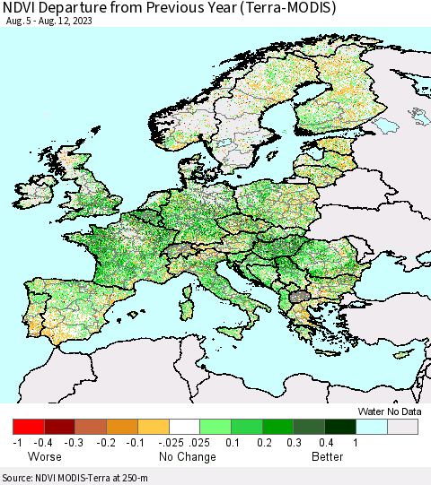 Europe NDVI Departure from Previous Year (Terra-MODIS) Thematic Map For 8/5/2023 - 8/12/2023