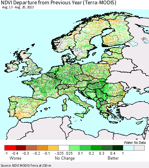 Europe NDVI Departure from Previous Year (Terra-MODIS) Thematic Map For 8/13/2023 - 8/20/2023