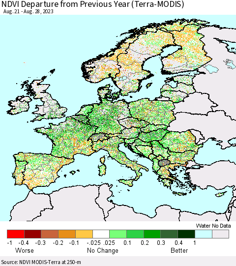 Europe NDVI Departure from Previous Year (Terra-MODIS) Thematic Map For 8/21/2023 - 8/28/2023