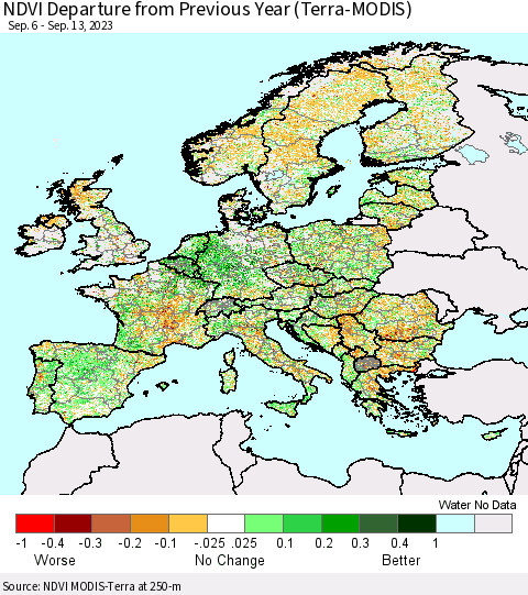 Europe NDVI Departure from Previous Year (Terra-MODIS) Thematic Map For 9/6/2023 - 9/13/2023