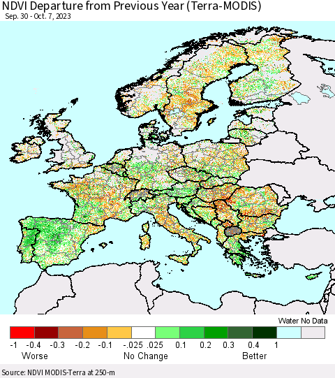 Europe NDVI Departure from Previous Year (Terra-MODIS) Thematic Map For 9/30/2023 - 10/7/2023