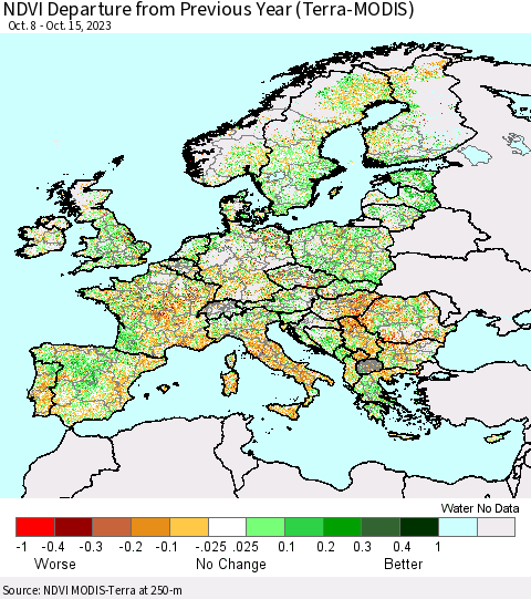 Europe NDVI Departure from Previous Year (Terra-MODIS) Thematic Map For 10/8/2023 - 10/15/2023
