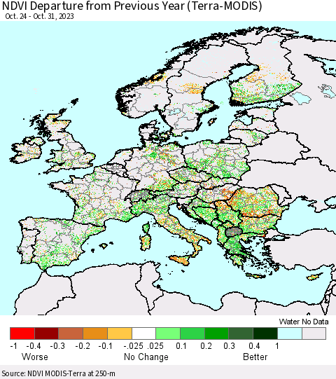 Europe NDVI Departure from Previous Year (Terra-MODIS) Thematic Map For 10/24/2023 - 10/31/2023