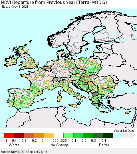 Europe NDVI Departure from Previous Year (Terra-MODIS) Thematic Map For 11/1/2023 - 11/8/2023